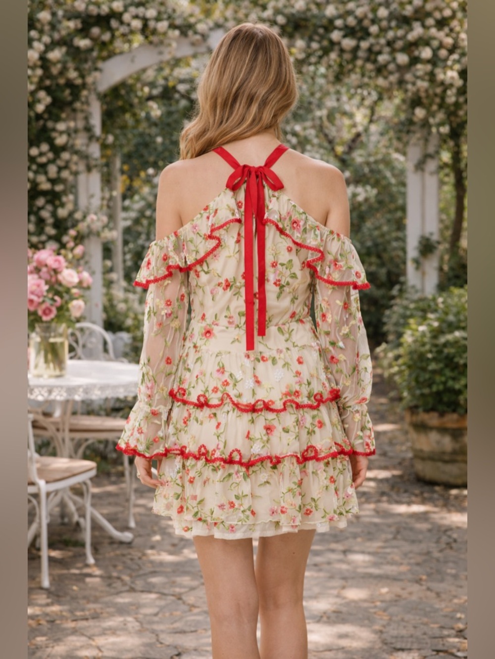 Alexis Floral Off Shoulder Mini Dress Ruffle Red Cream Small - Picture 2 of 11